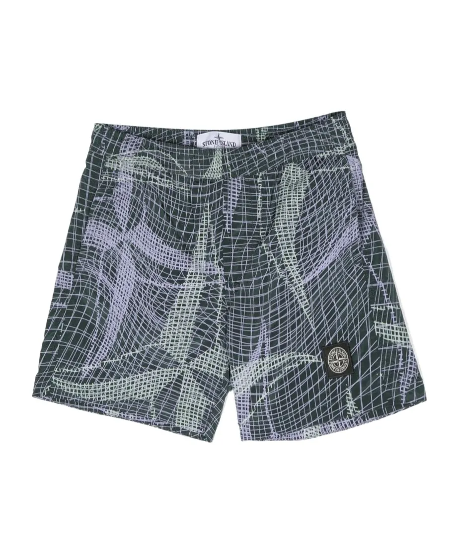 Compass-Patch Abstract-Print Swim Shorts