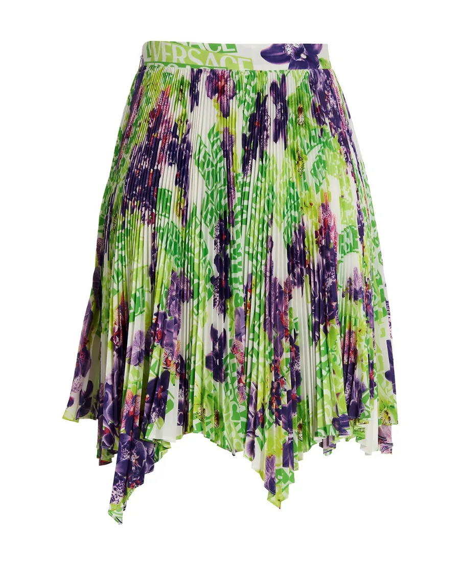 Versace Floral Printed Asymmetric Pleated Skirt