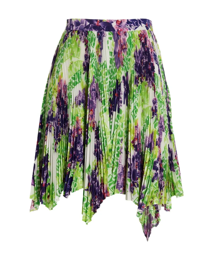 Versace Floral Printed Asymmetric Pleated Skirt