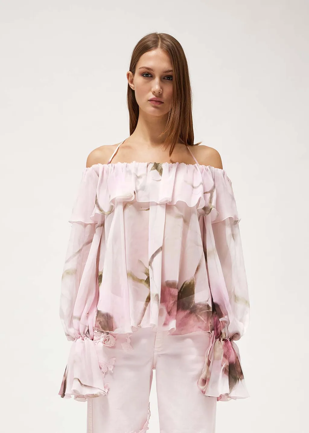 Blumarine Floral Print Off-Shoulder Ruffled Top