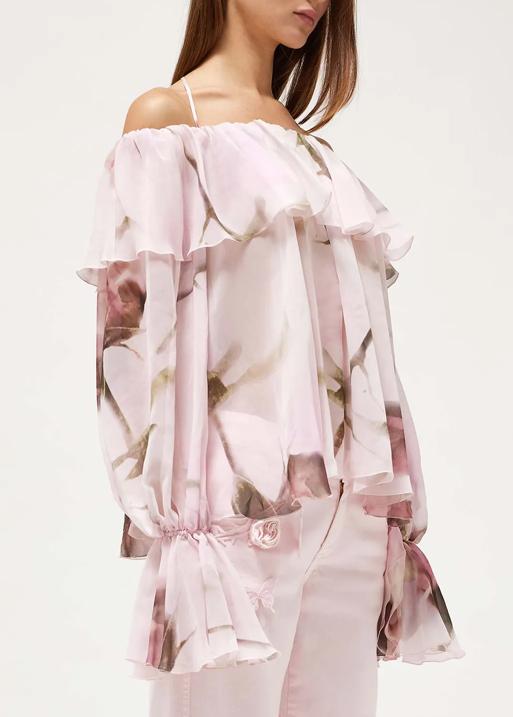 Blumarine Floral Print Off-Shoulder Ruffled Top