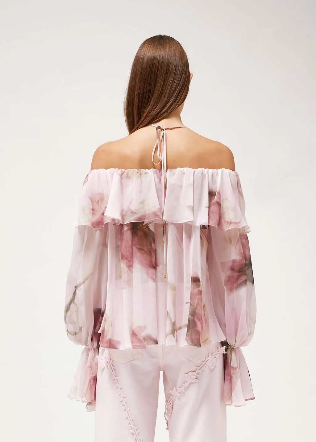Blumarine Floral Print Off-Shoulder Ruffled Top