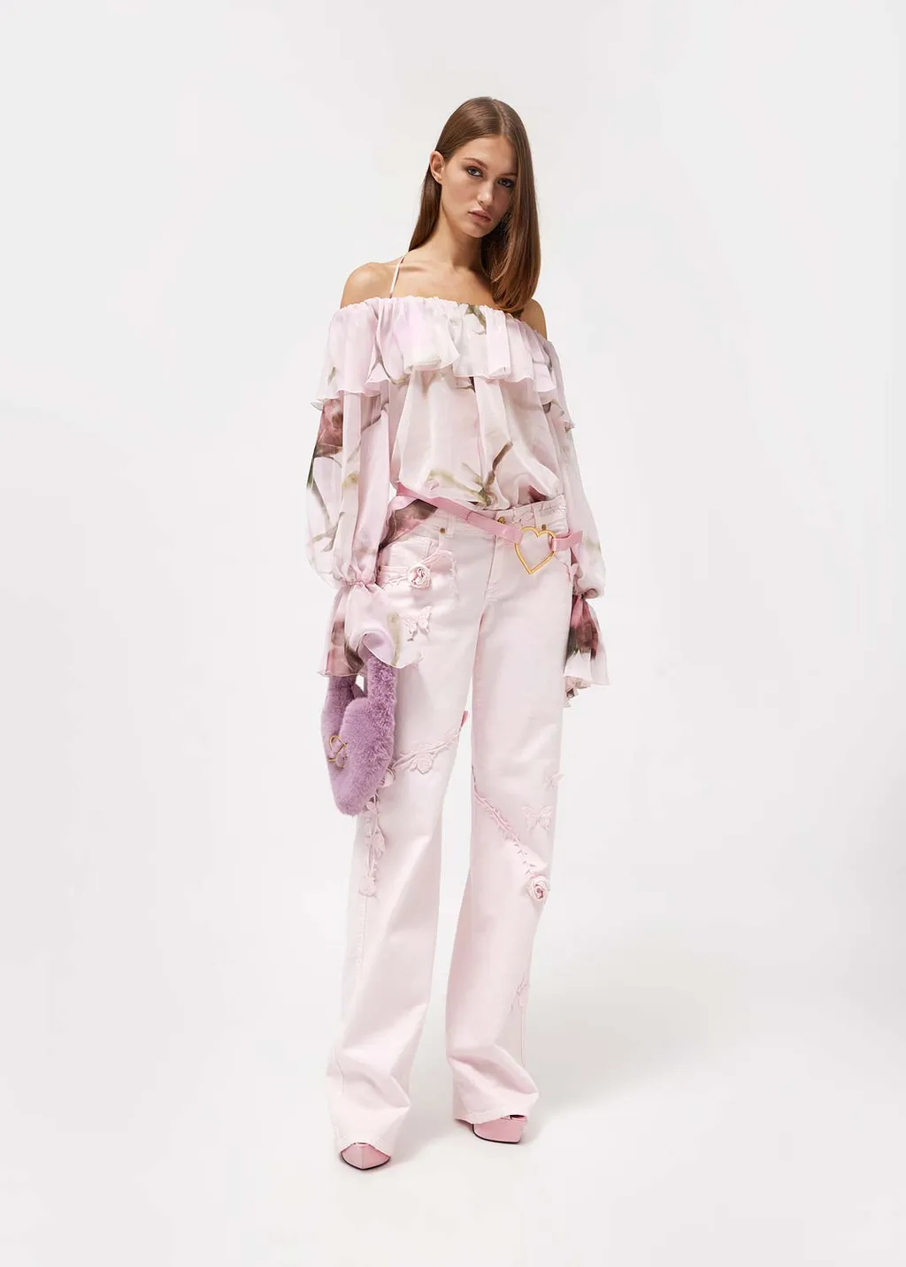 Blumarine Floral Print Off-Shoulder Ruffled Top