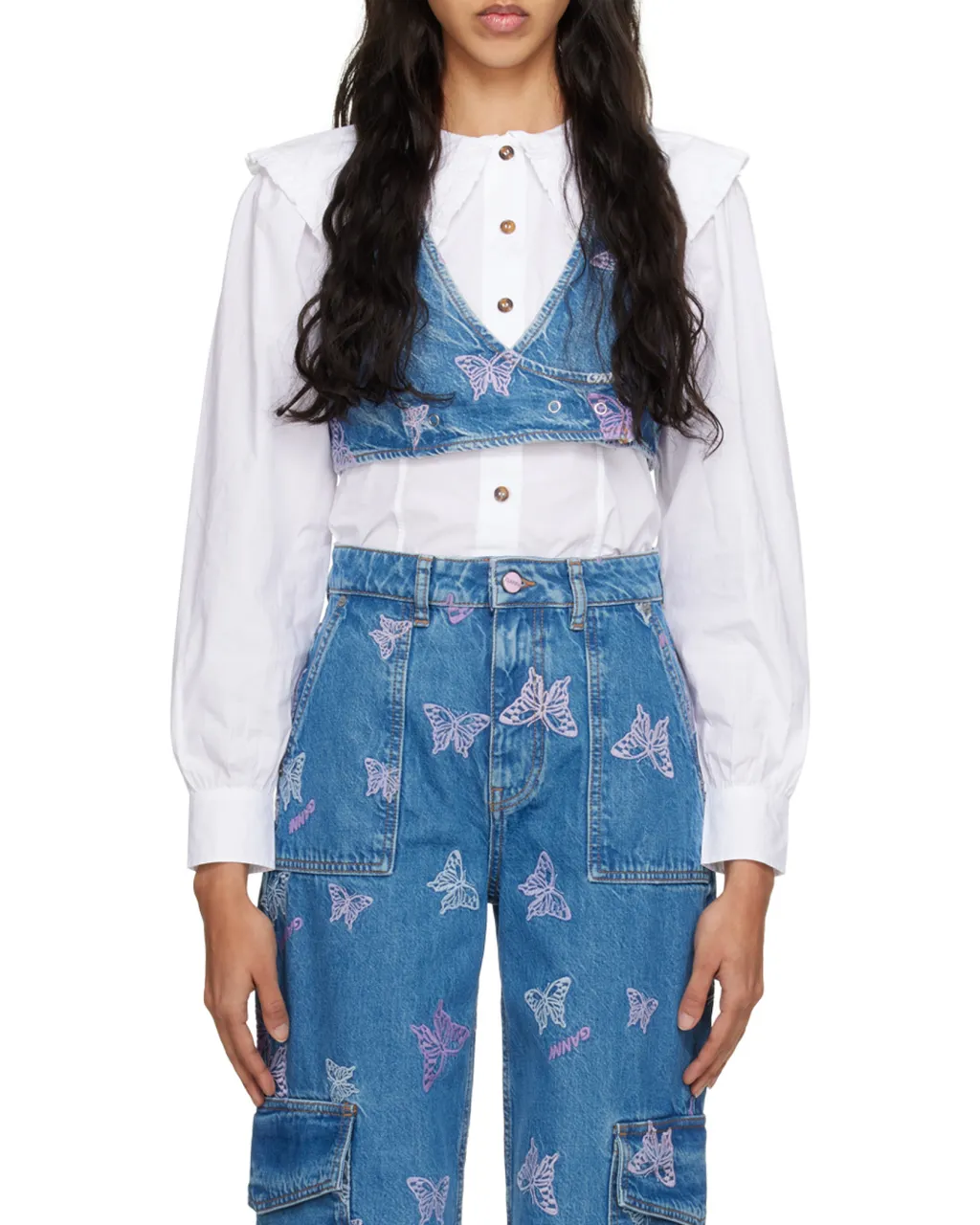 Ganni Butterfly Embroidered Cropped Denim Top