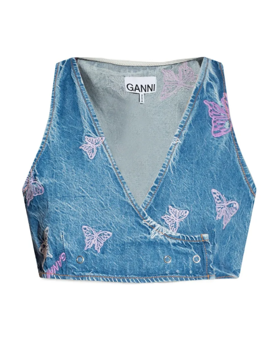 Ganni Butterfly Embroidered Cropped Denim Top