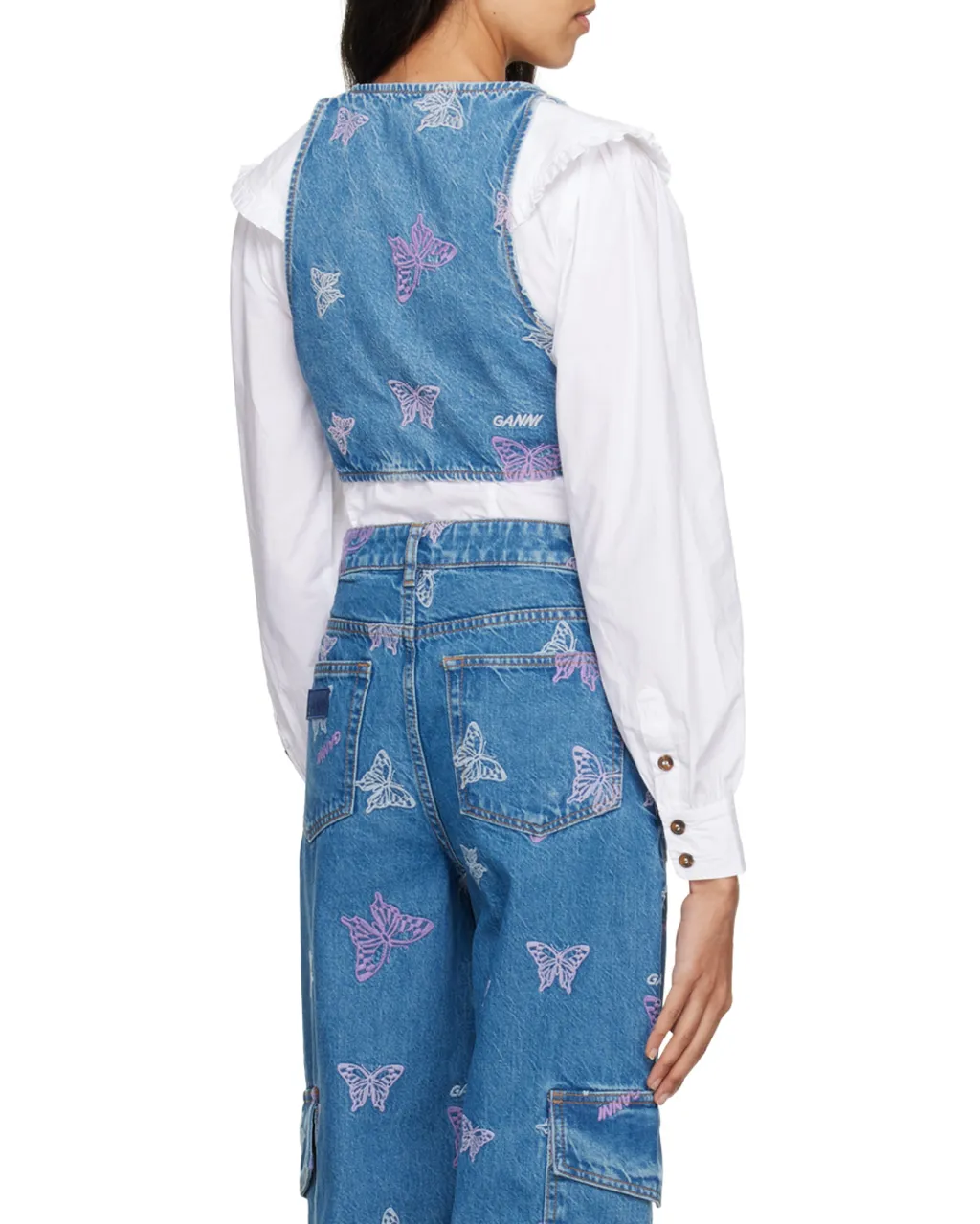 Ganni Butterfly Embroidered Cropped Denim Top