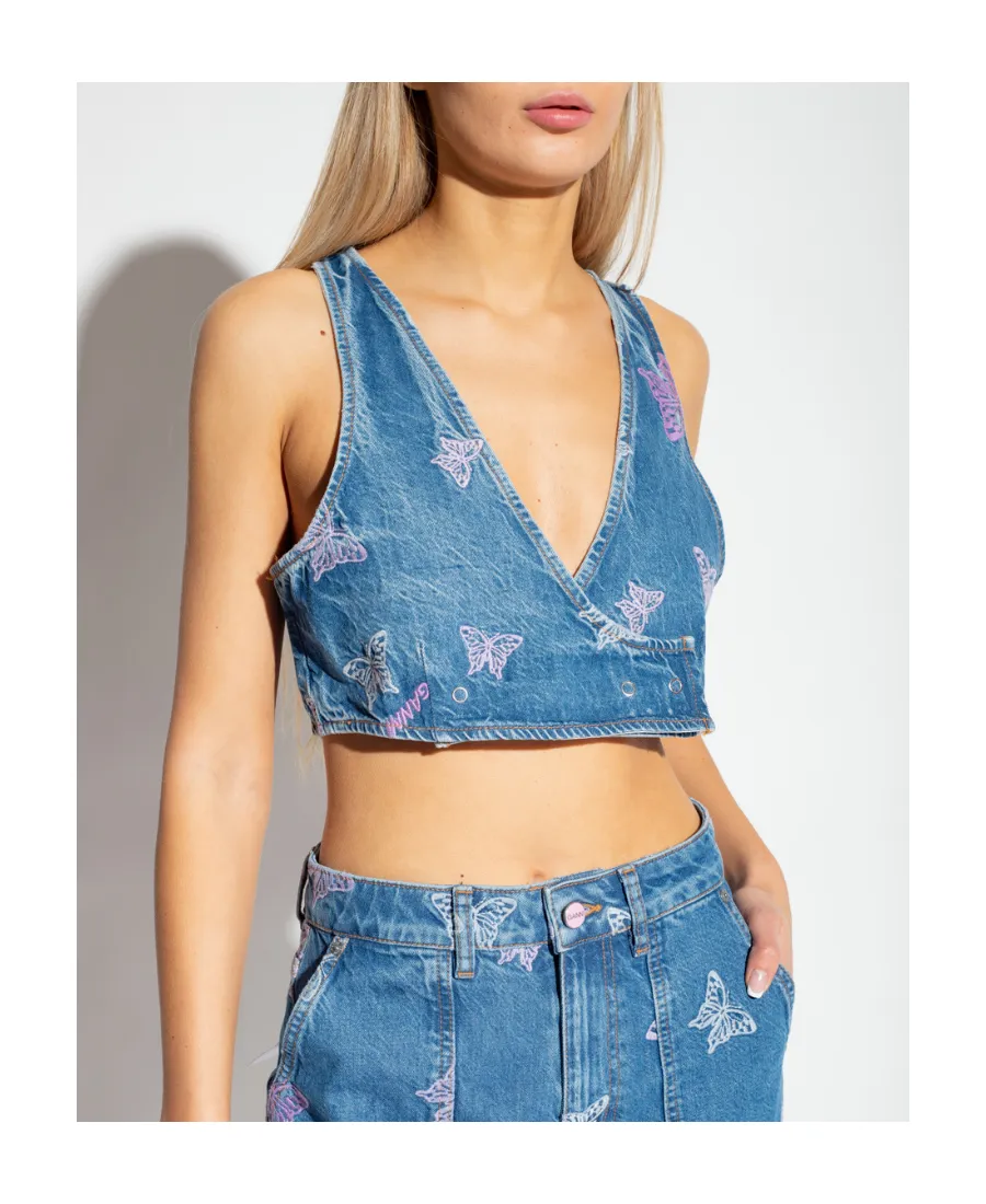Ganni Butterfly Embroidered Cropped Denim Top