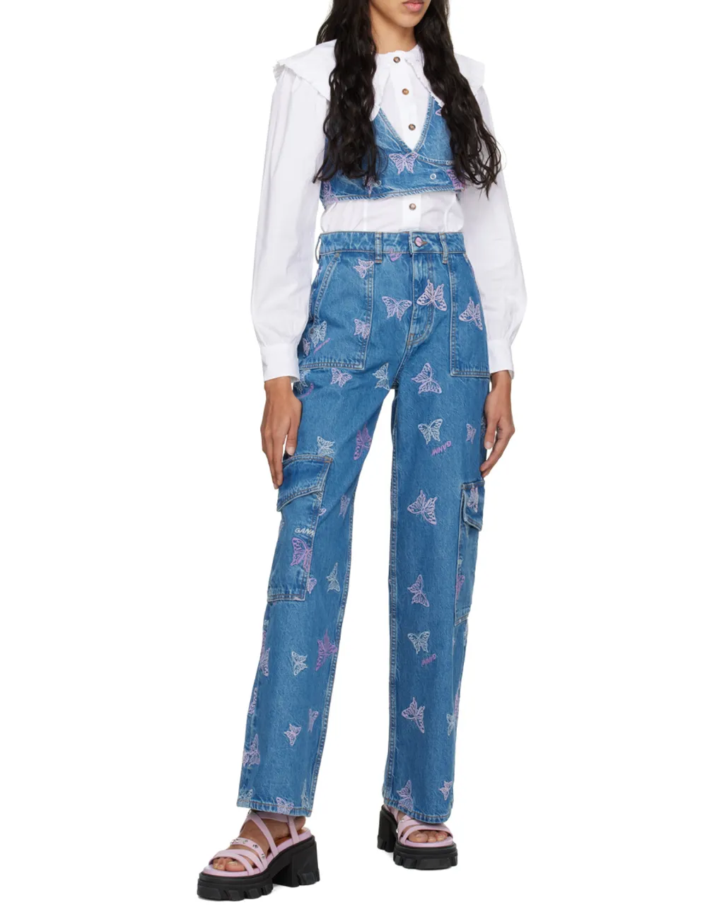 Ganni Butterfly Embroidered Cropped Denim Top