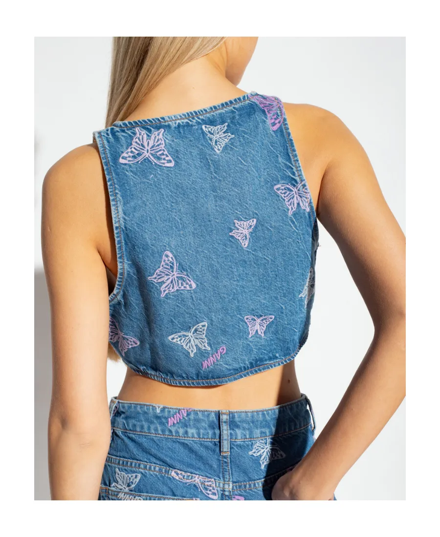 Ganni Butterfly Embroidered Cropped Denim Top