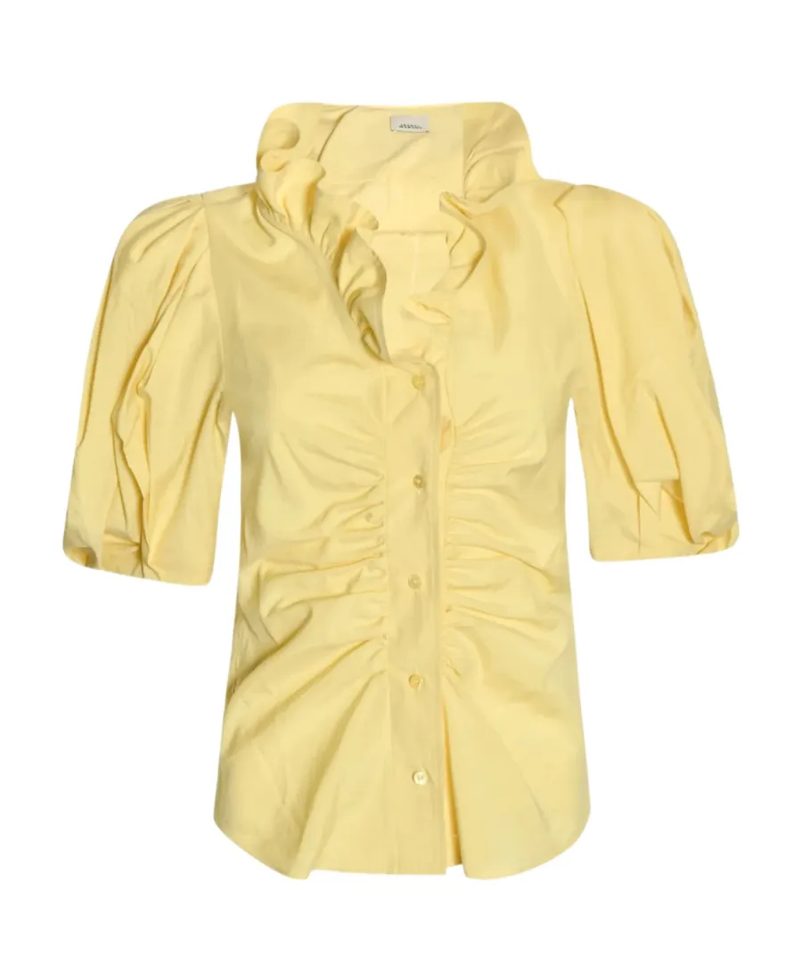Ruffle-Neck Ruched Blouse