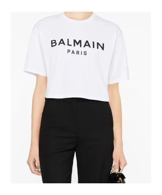 Balmain Logo Printed Crewneck Cropped T-Shirt
