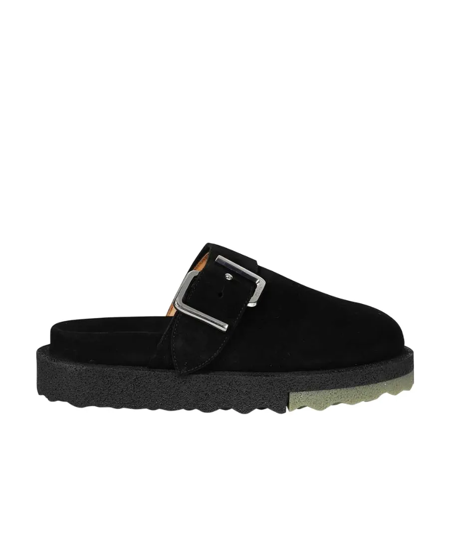 Black Buckle Detail Suede Slippers