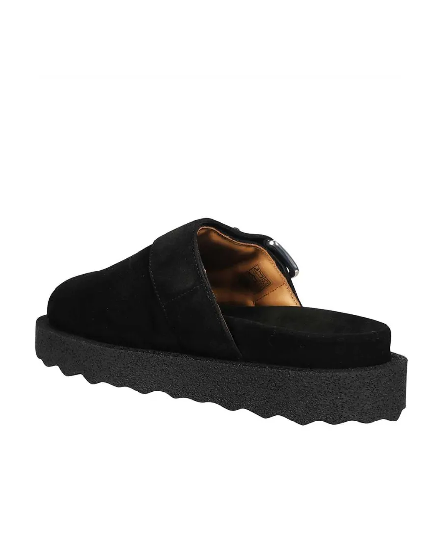 Black Buckle Detail Suede Slippers