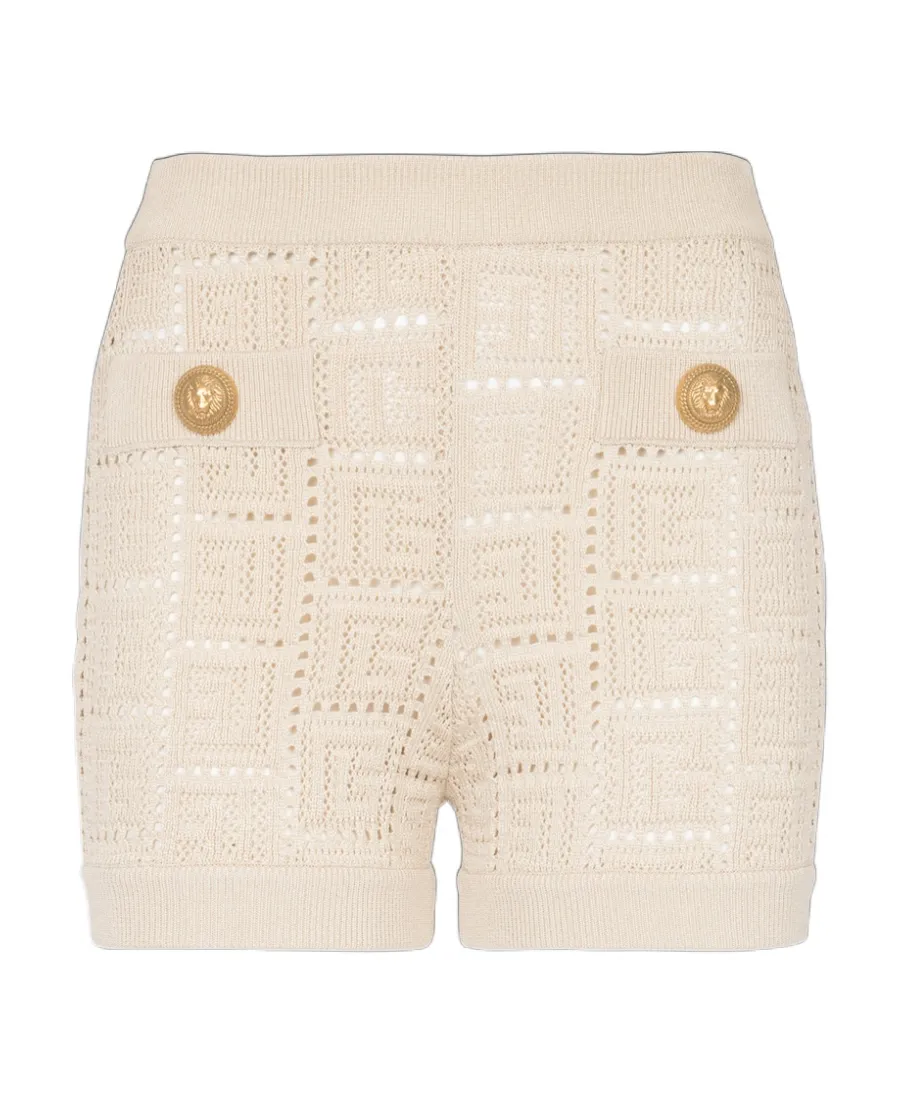 Monogrammed Openwork Knit Mini Shorts