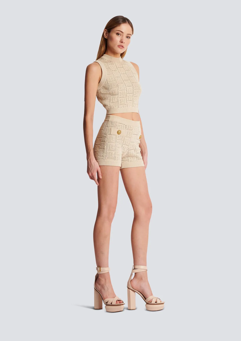 Monogrammed Openwork Knit Mini Shorts
