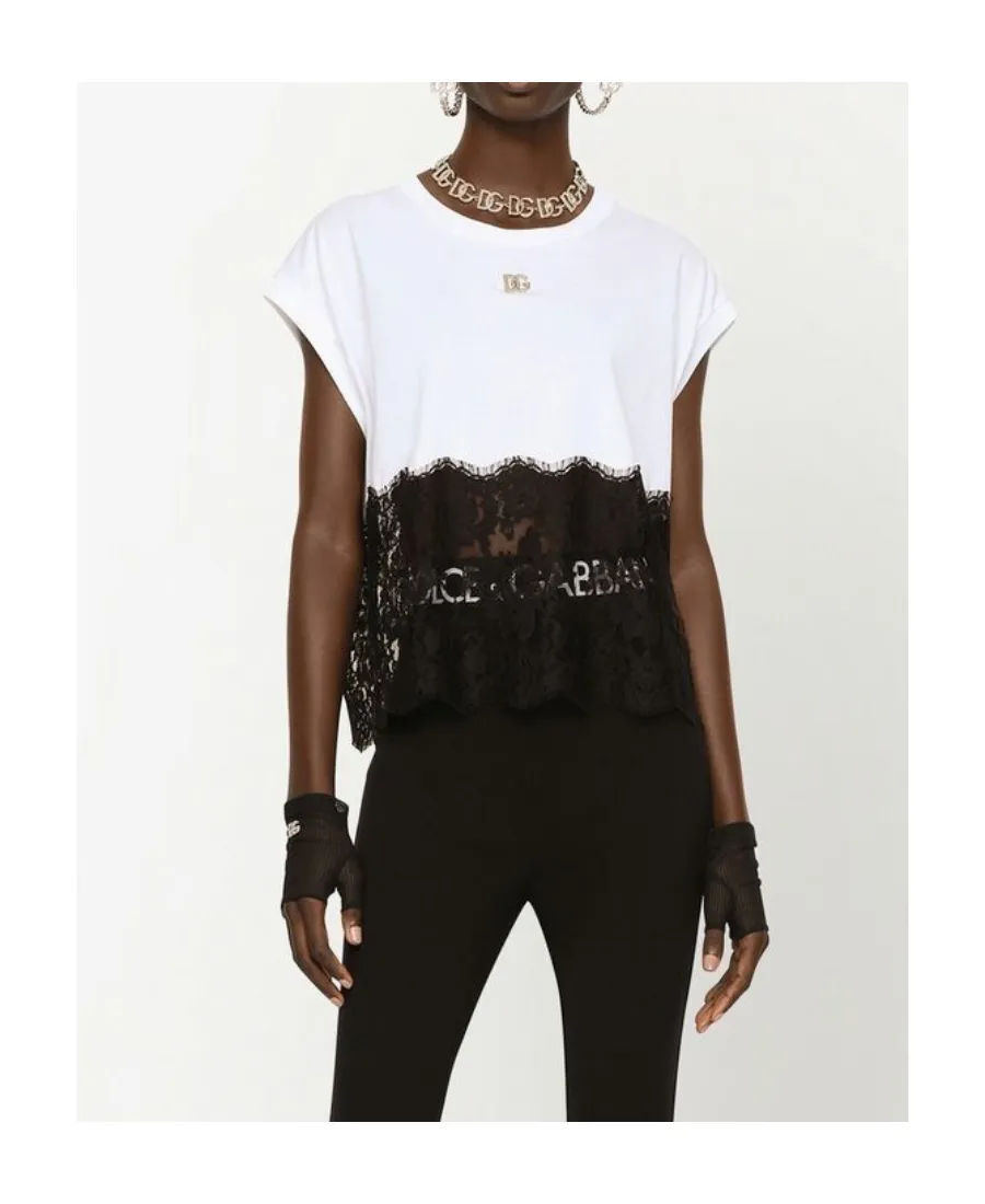 Dolce & Gabbana Lace Trimmed Logo Plaque T-Shirt