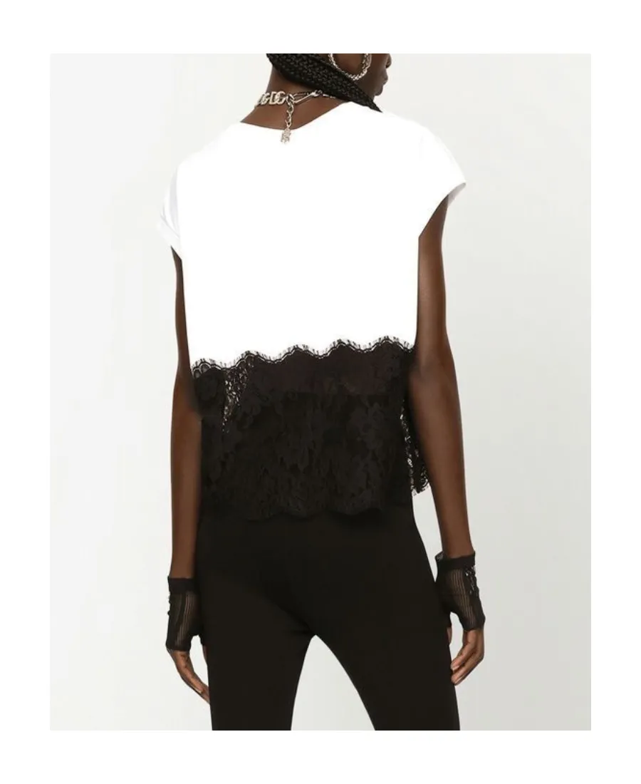 Dolce & Gabbana Lace Trimmed Logo Plaque T-Shirt