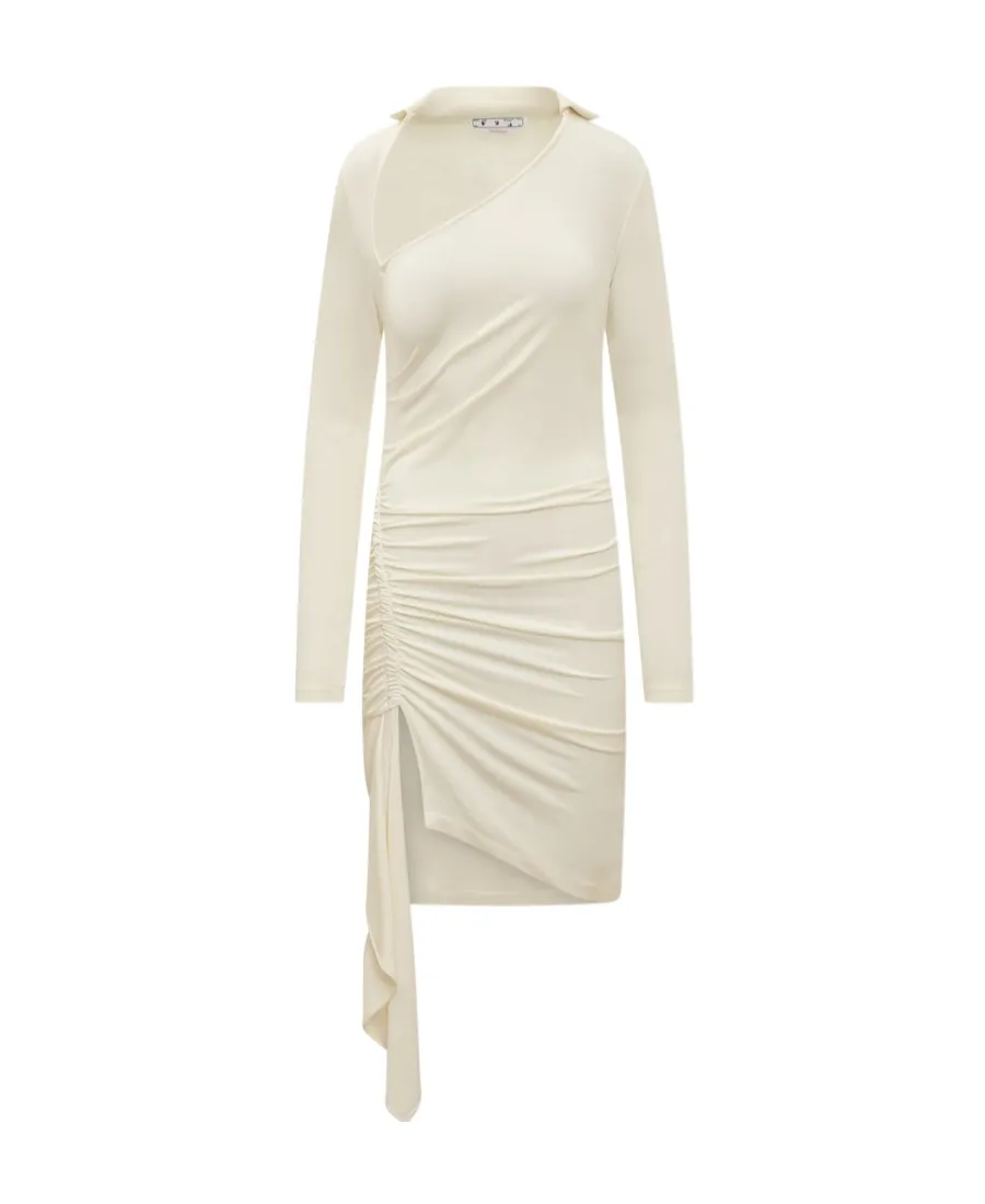 Off-White Asymmetric Ruched Long-Sleeved Mini Dress