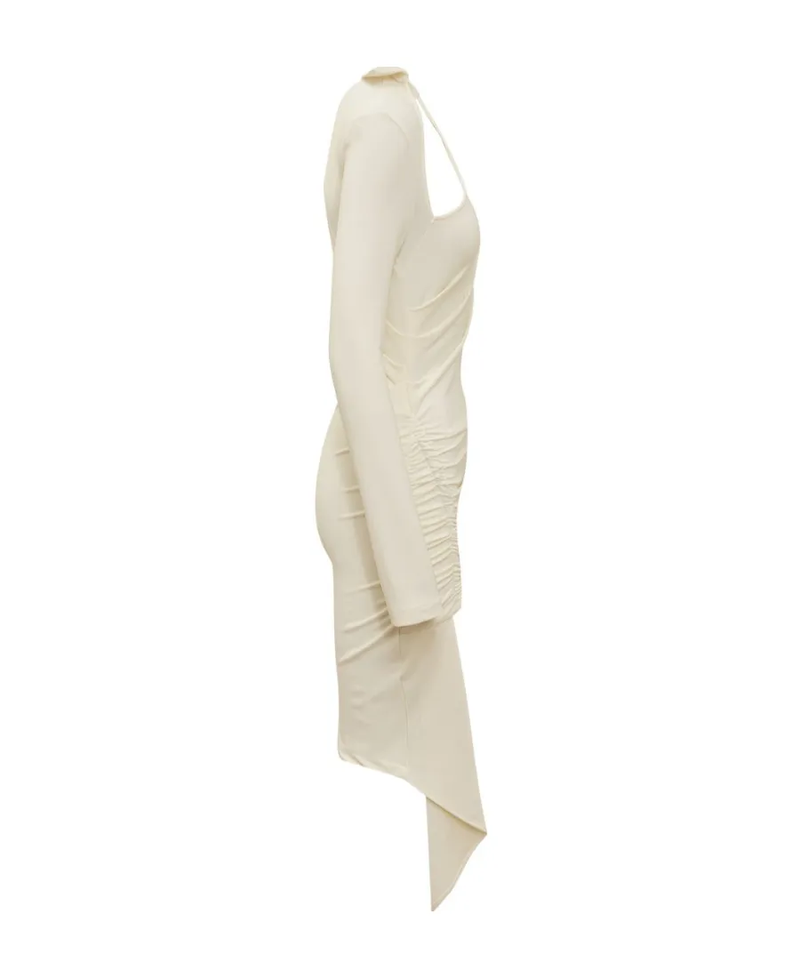 Off-White Asymmetric Ruched Long-Sleeved Mini Dress