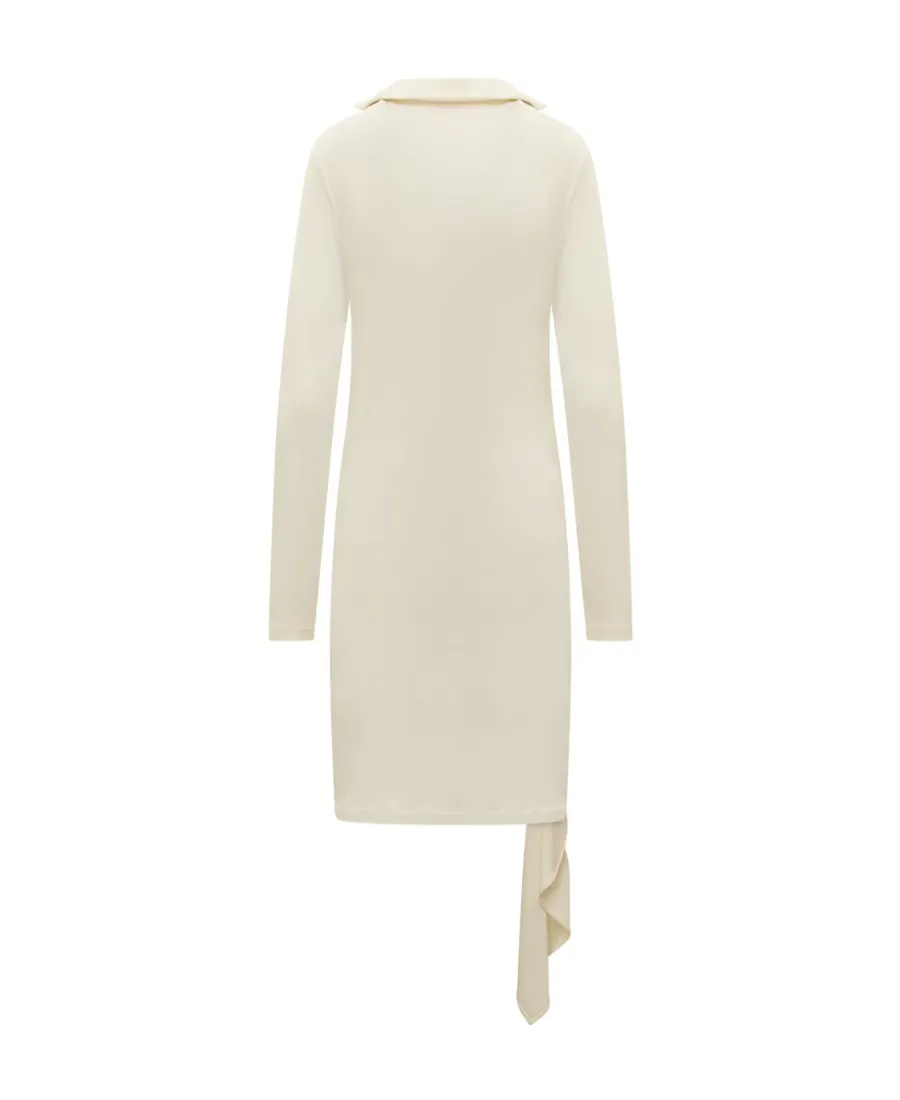 Off-White Asymmetric Ruched Long-Sleeved Mini Dress