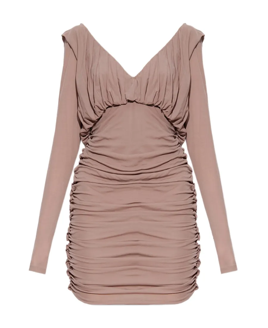 Saint Laurent V-Neck Draped Long-Sleeved Dress