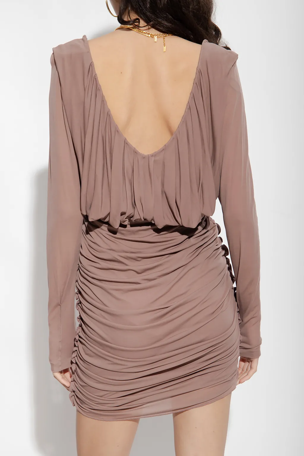 Saint Laurent V-Neck Draped Long-Sleeved Dress