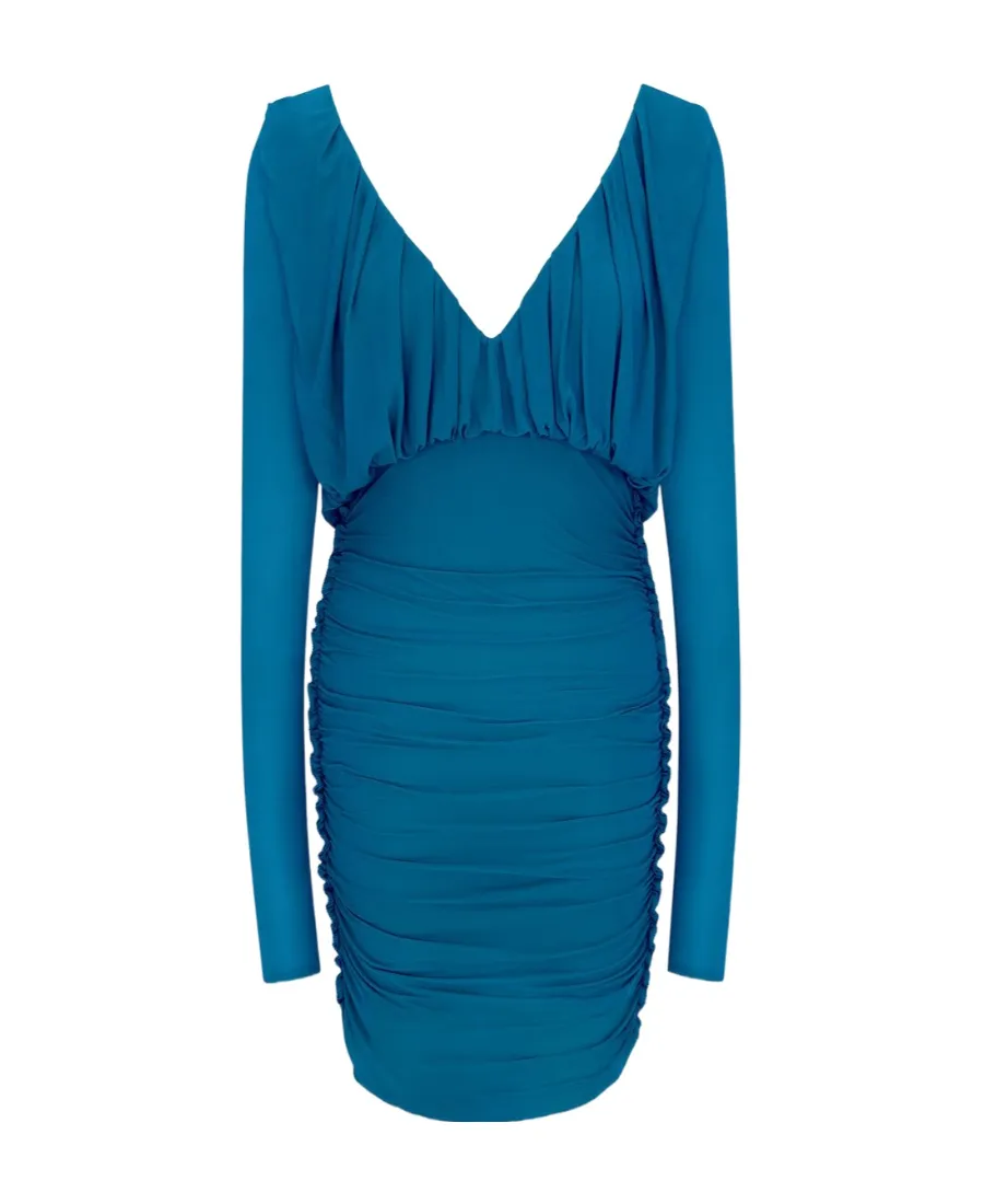 Saint Laurent V-Neck Draped Long-Sleeved Dress