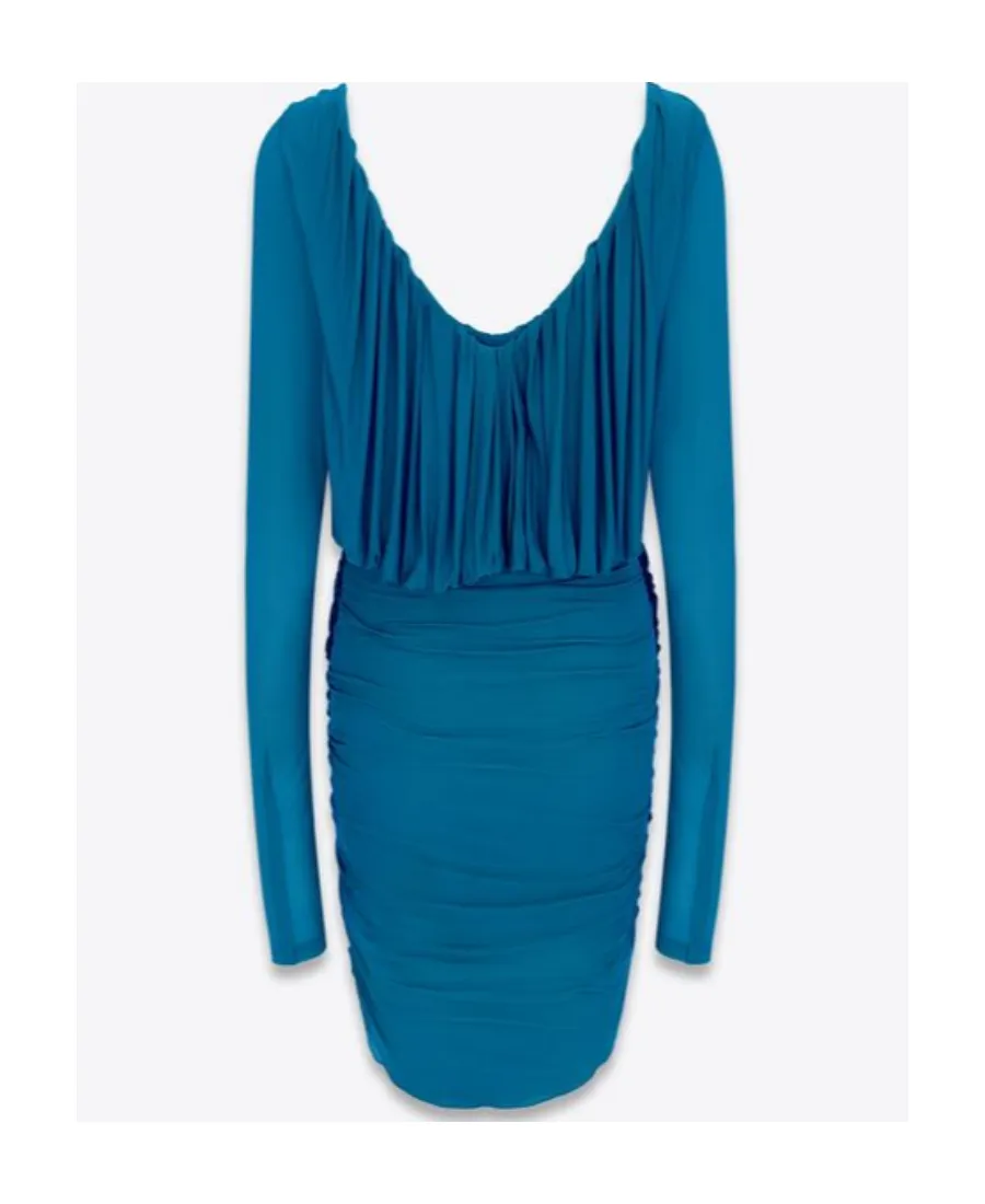 Saint Laurent V-Neck Draped Long-Sleeved Dress