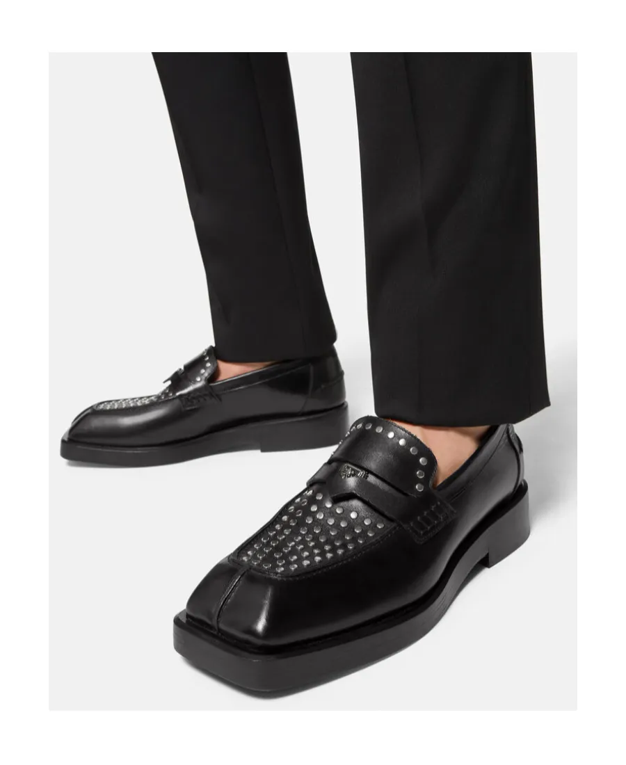 Versace Medusa Plaque Square-Toe Studded Loafers