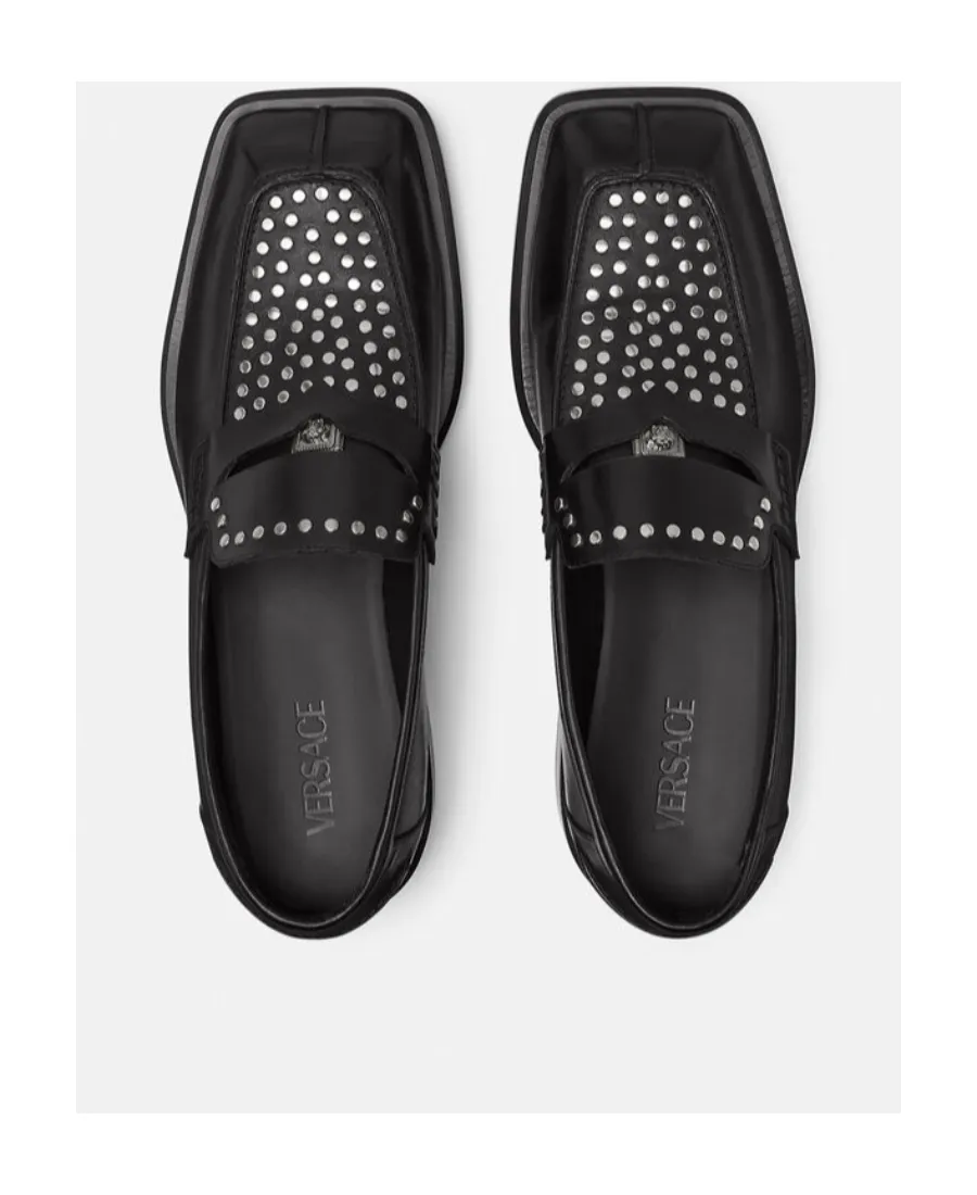 Versace Medusa Plaque Square-Toe Studded Loafers