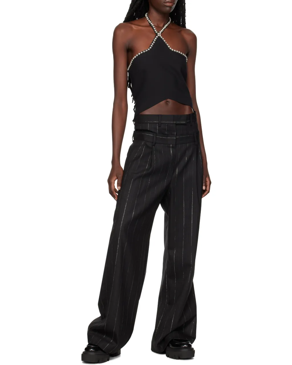 Layered-Waistband Wide-Leg Trousers