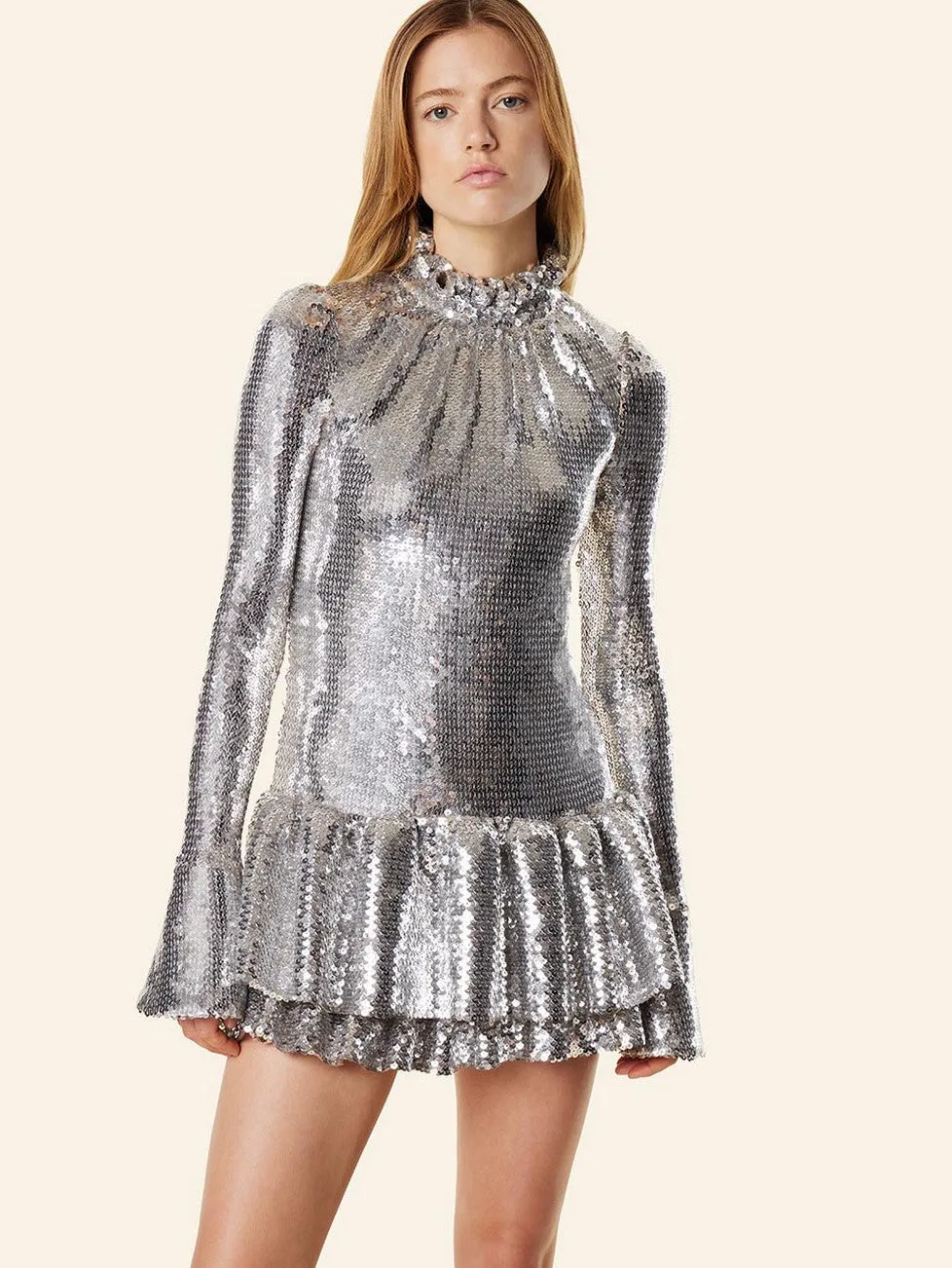 Paco Rabanne Sequined Long-Sleeved Ruffled Mini Dress