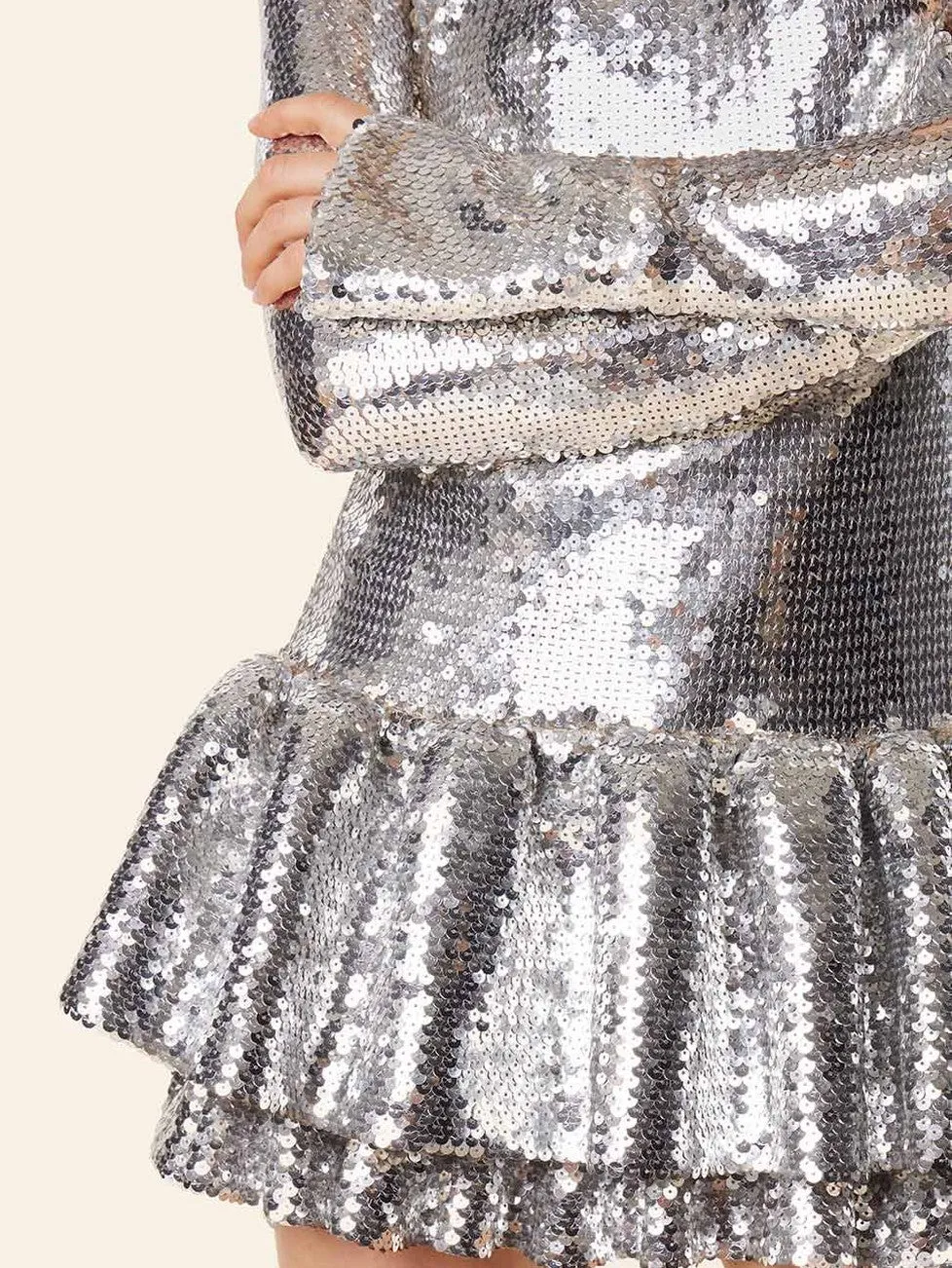 Paco Rabanne Sequined Long-Sleeved Ruffled Mini Dress