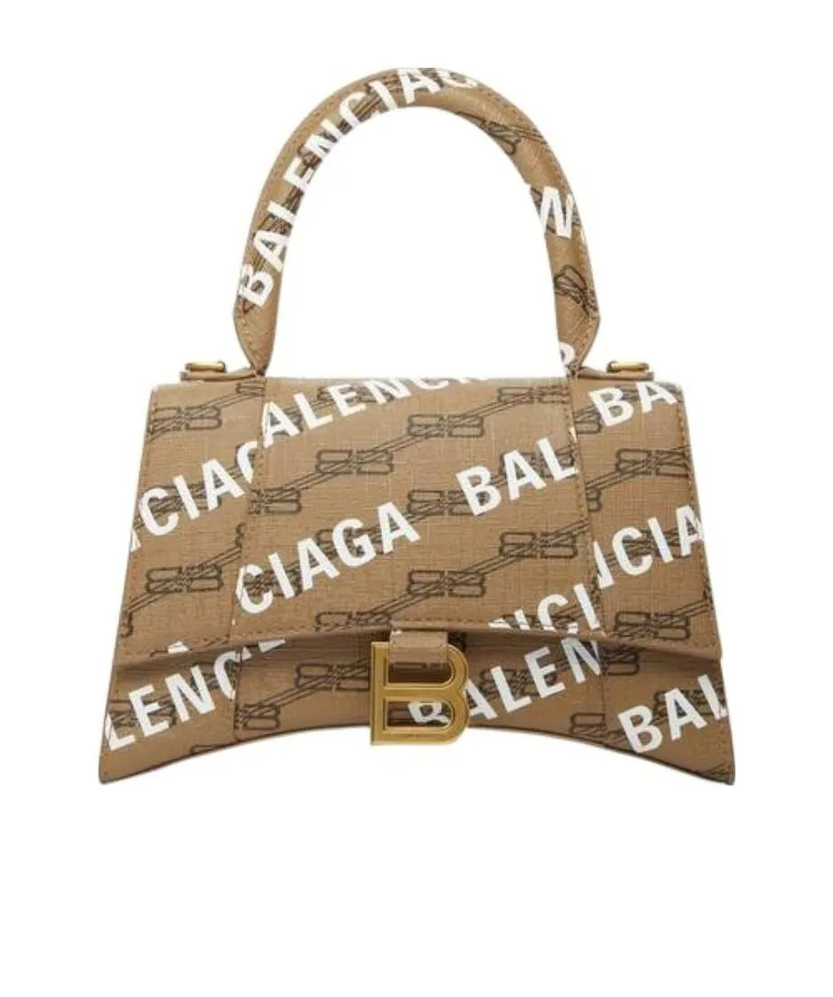 Hourglass Small Handbag Bb Monogram Coated Canvas And Allover Logo In Beige