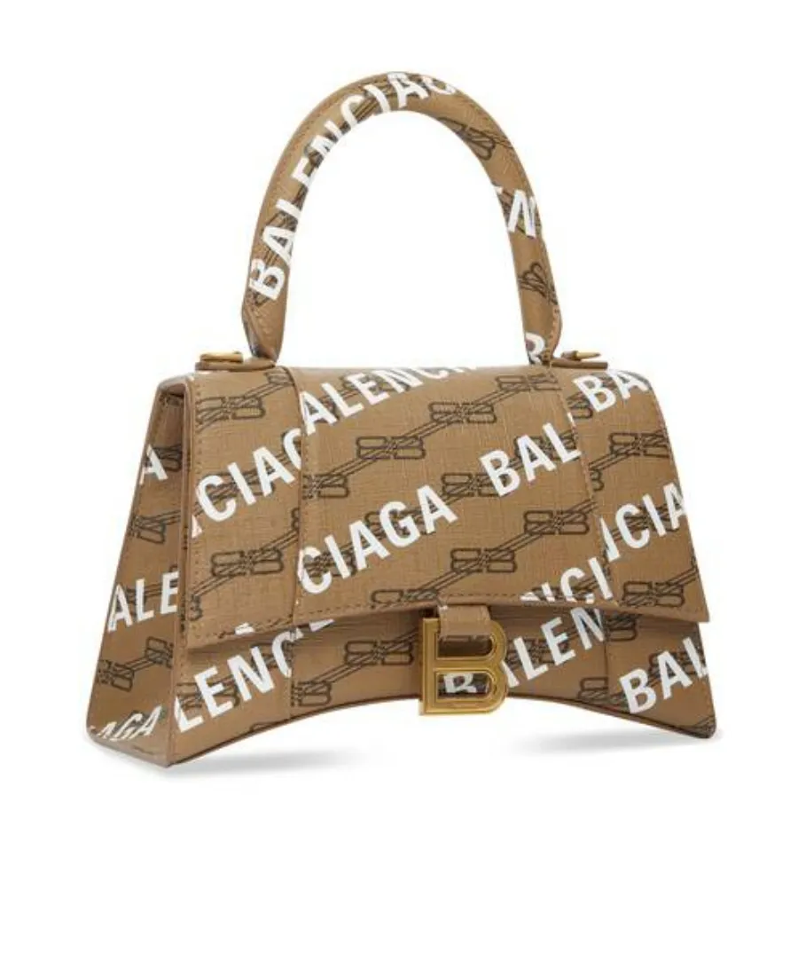 Hourglass Small Handbag Bb Monogram Coated Canvas And Allover Logo In Beige