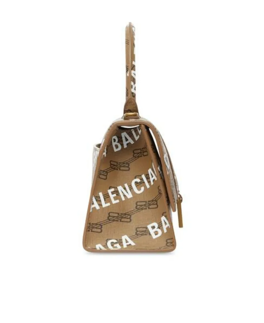 Hourglass Small Handbag Bb Monogram Coated Canvas And Allover Logo In Beige