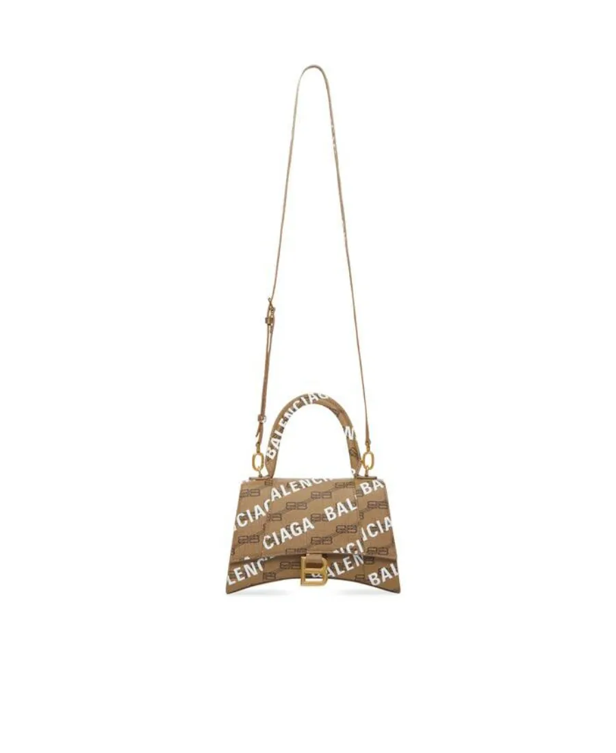 Hourglass Small Handbag Bb Monogram Coated Canvas And Allover Logo In Beige