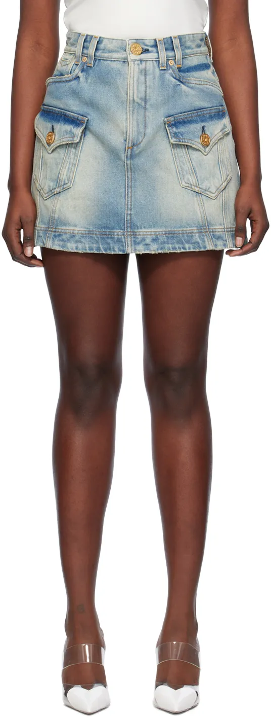 Balmain Western High-Waist A-Line Denim Mini Skirt
