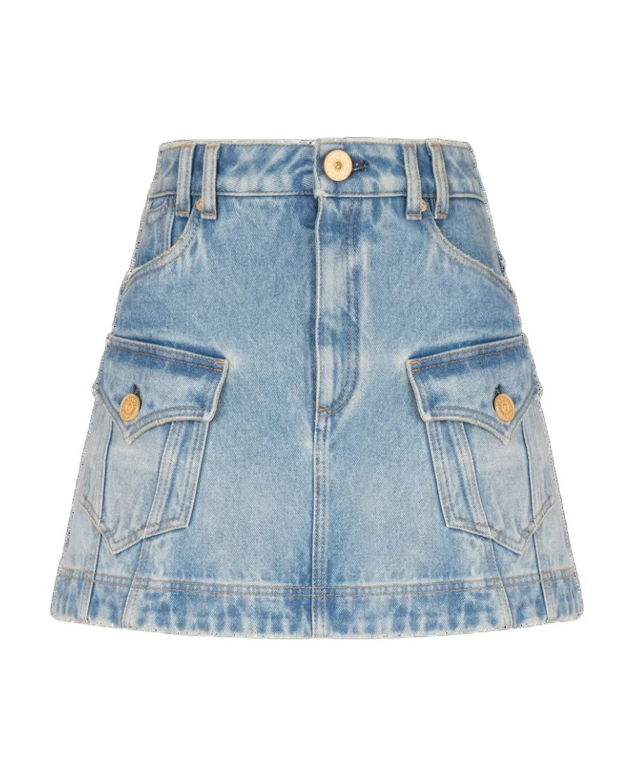 Balmain Western High-Waist A-Line Denim Mini Skirt