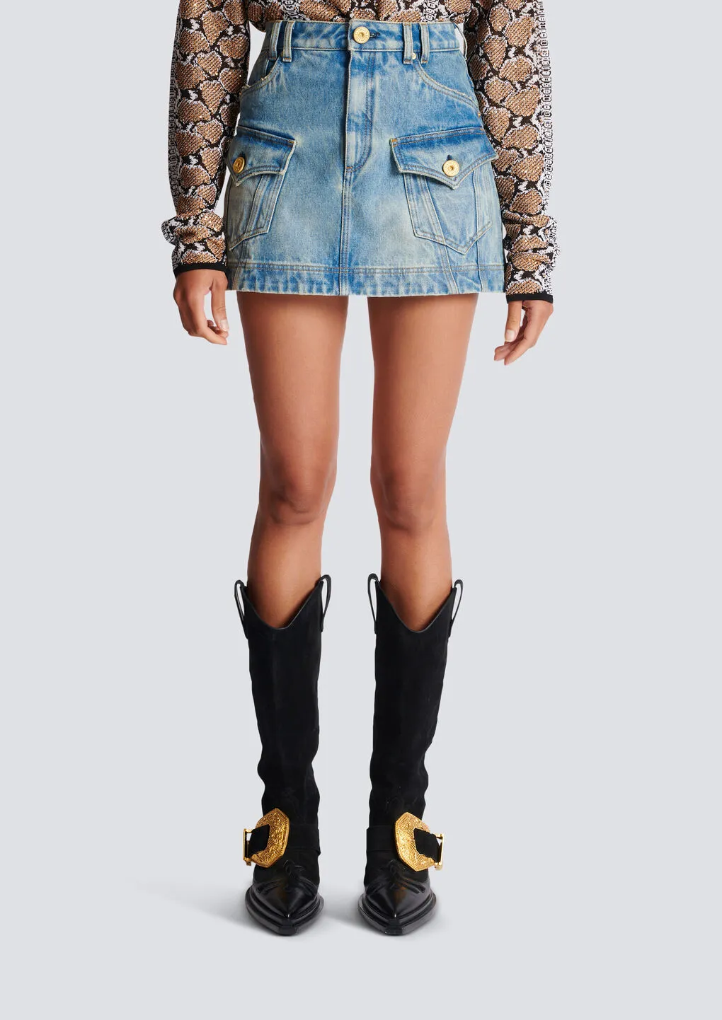 Balmain Western High-Waist A-Line Denim Mini Skirt