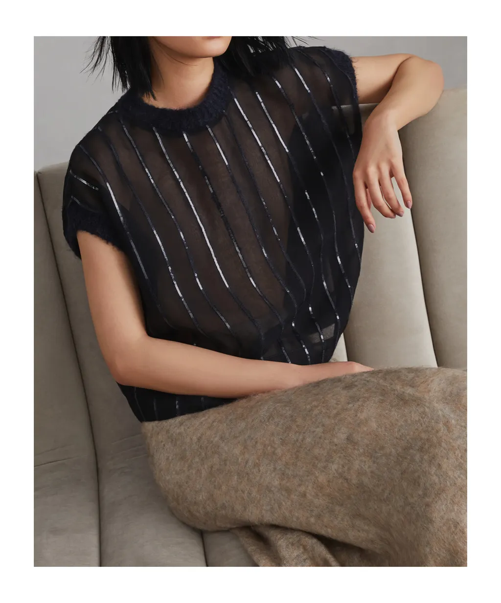 Sequin-Embellished Striped Silk T-Shirt