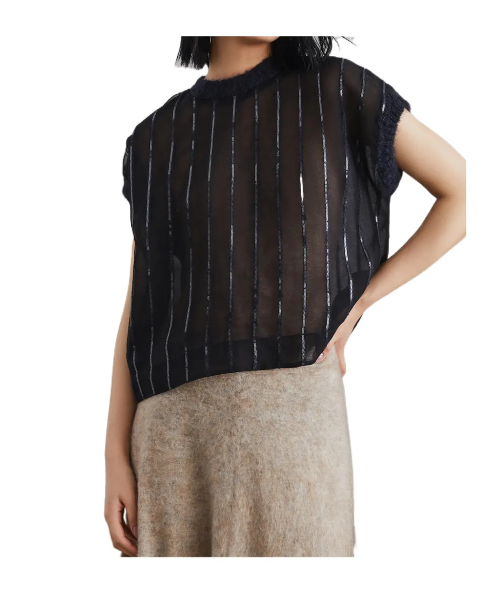 Sequin-Embellished Striped Silk T-Shirt