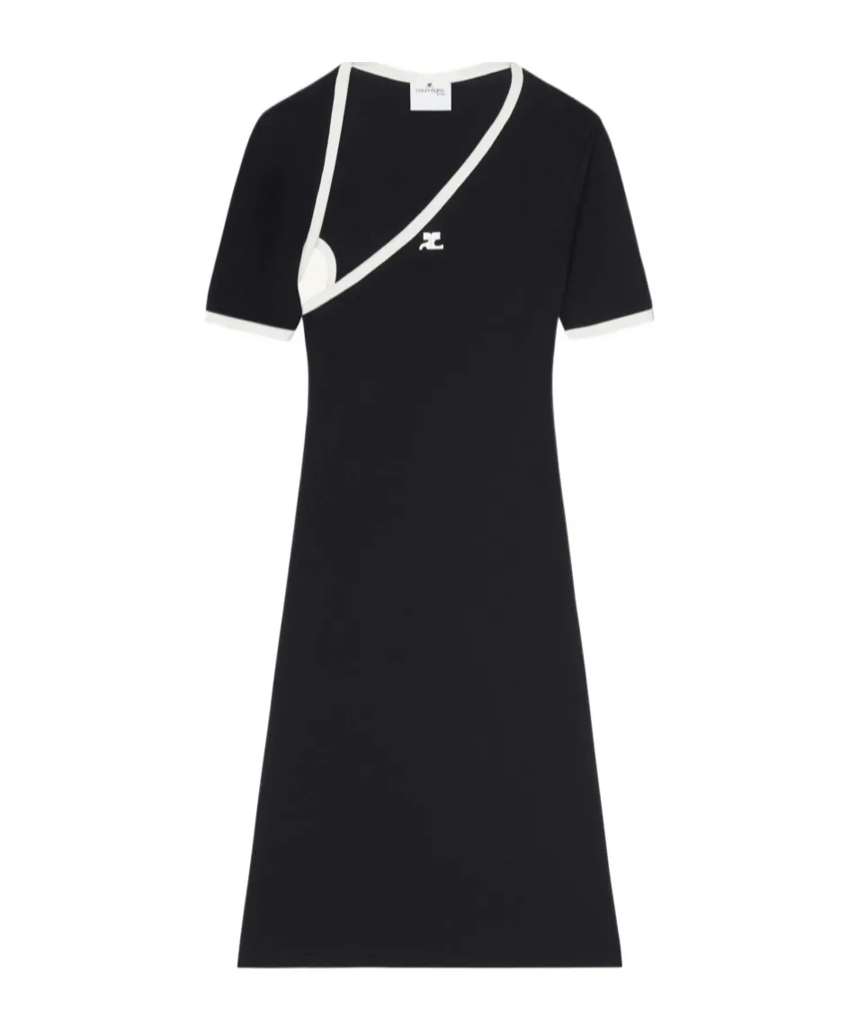 CourrÈGes Asymmetric-Neck Contrasted Trim Mini Dress