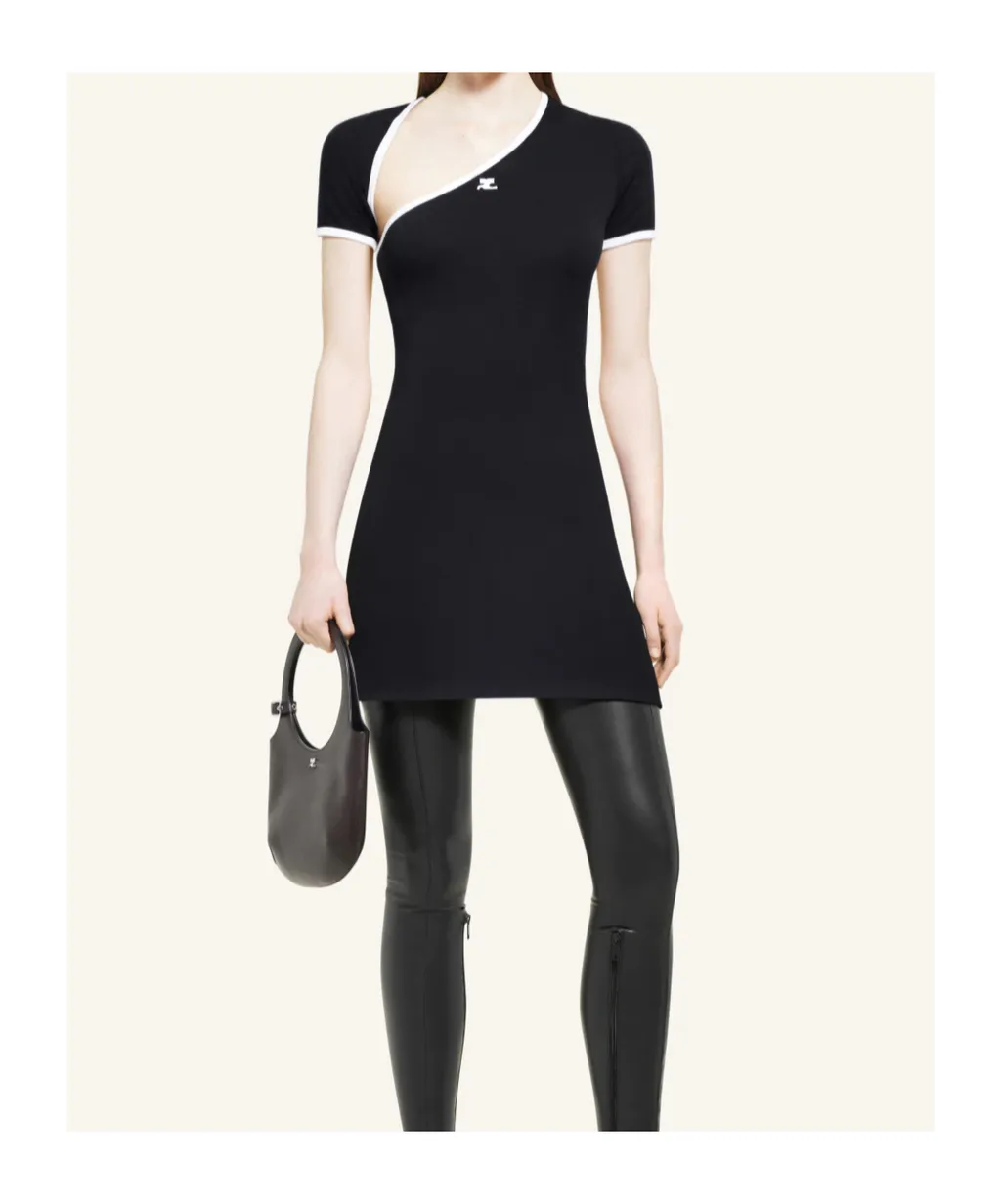 CourrÈGes Asymmetric-Neck Contrasted Trim Mini Dress