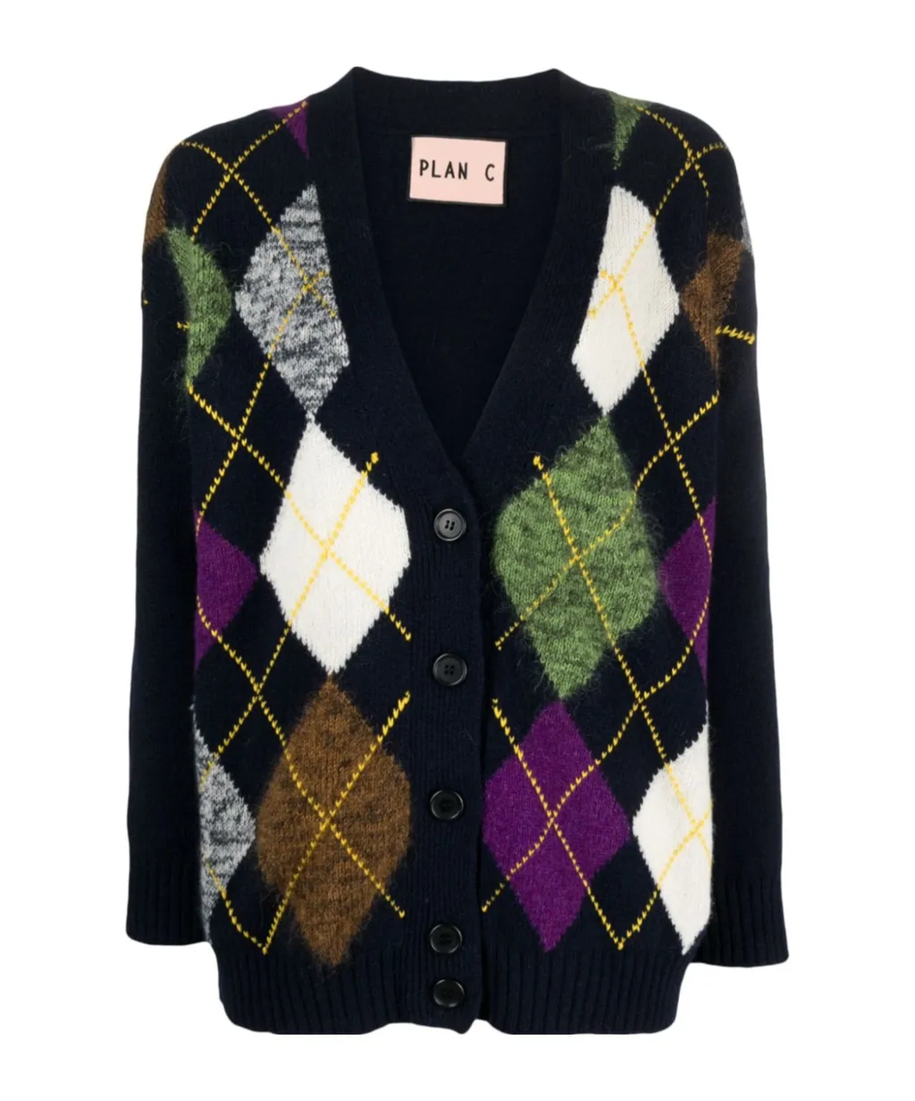 Plan C Argyle Knit Cardigan