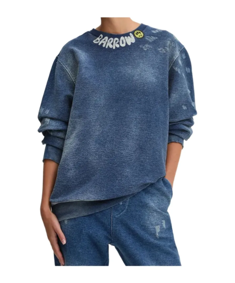 Barrow Logo Printed Crewneck Denim Sweatshirt