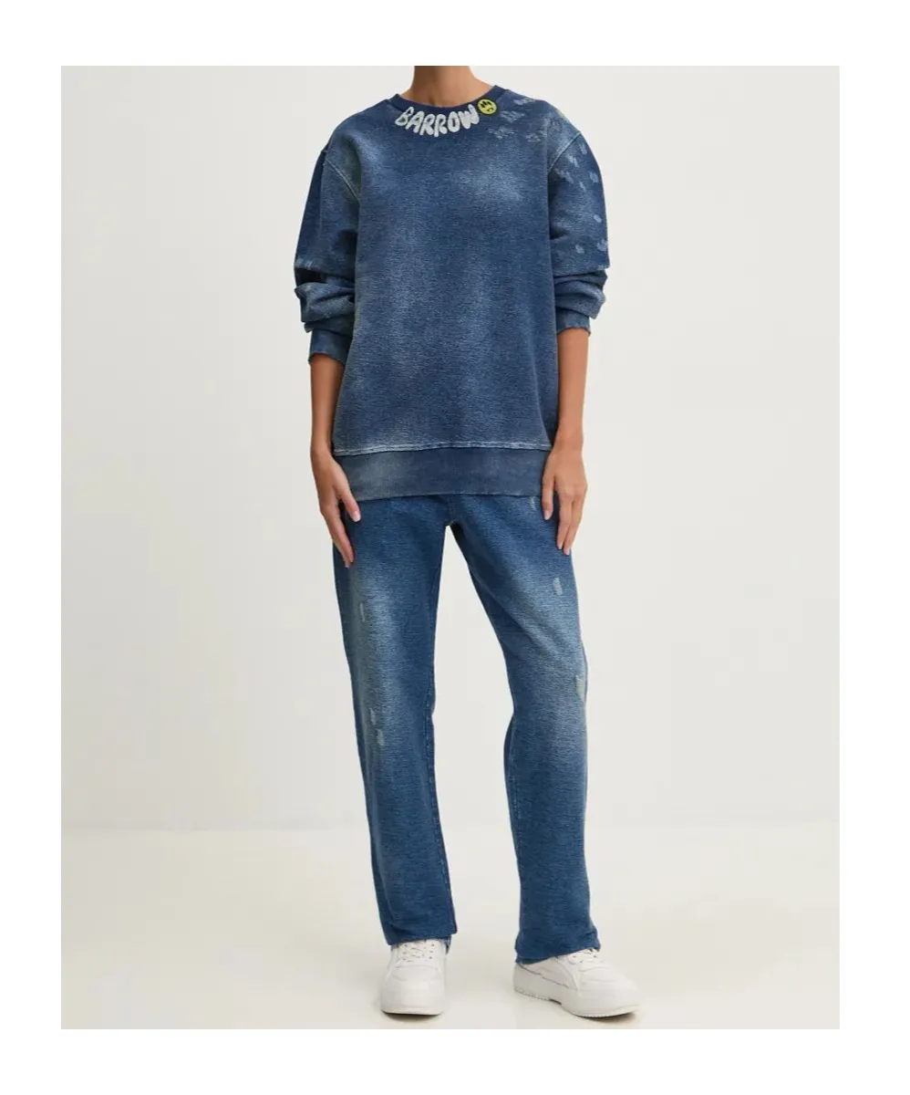 Barrow Logo Printed Crewneck Denim Sweatshirt