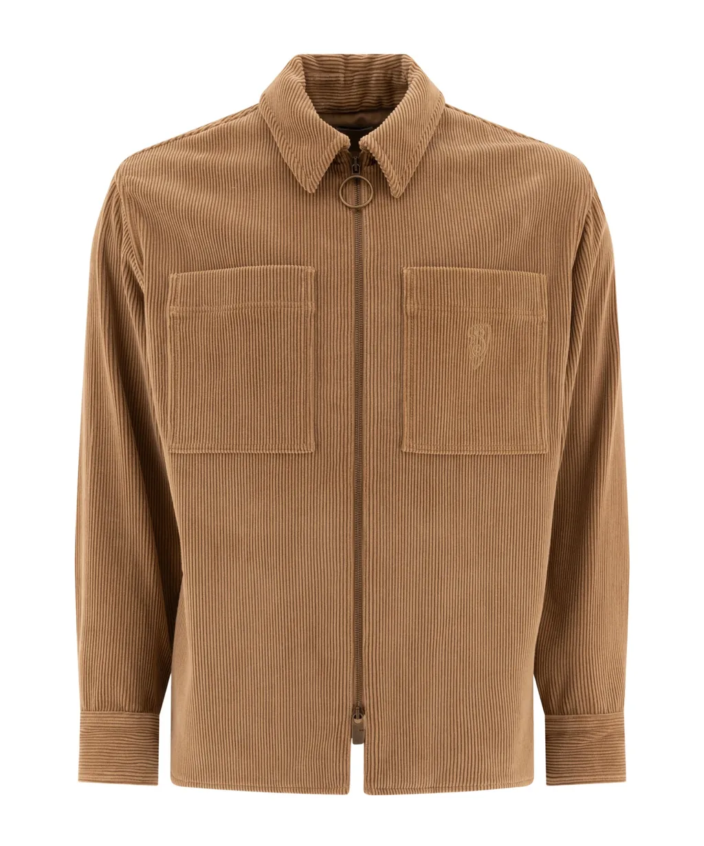 Burberry Logo Embroidered Zipped Corduroy Overshirt