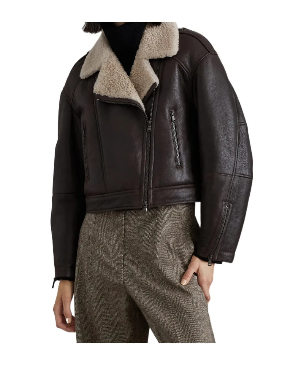 Brunello Cucinelli Shearling-Collar Cropped Biker Jacket