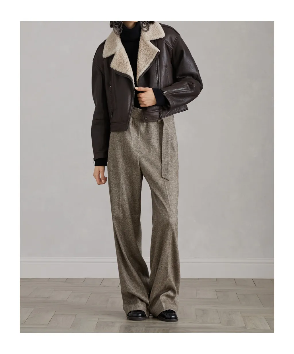 Brunello Cucinelli Shearling-Collar Cropped Biker Jacket